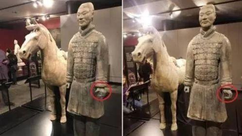 在美展览中一件兵马俑的拇指被人掰下盗走